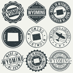 Wyoming Set of Stamps. Travel Stamp. Made In Product. Design Seals Old Style Insignia.