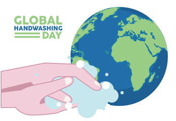 global handwashing day lettering with hands washing and earth planet