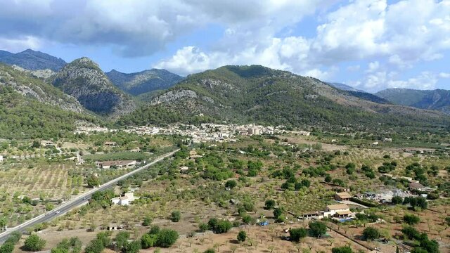 Aerial view, flight over the village of Caimari, Tramuntana Mountains, Campanet Region, Mallorca, Balearic Islands, Spain