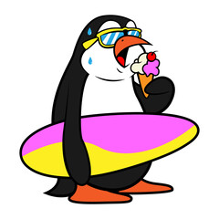 Penguin get vacation wearing sunglasses and carrying a surfboard while eating an ice cream, best for cartoon illustration with winter themes, vector