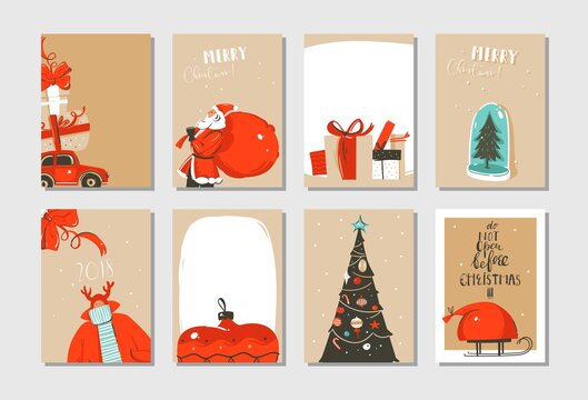 Hand drawn vector abstract fun Merry Christmas time cartoon cards collection set with cute illustrations,surprise gift boxes ,Christmas tree and modern calligraphy isolated on white background