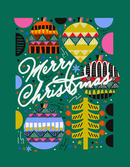 2021! Merry Christmas and Happy New Year! Vector abstract illustrations for holiday graphic design: pattern,  christmas tree, christmas tree toy, ornament. Geometric objects for poster and postcard
