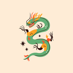Cute green Dragon. Mythological creature. Zodiac sign. Chinese asian cartoon style. Hand drawn colored Vector illustration. Tattoo idea. Print template. Dragon is isolated on beige background