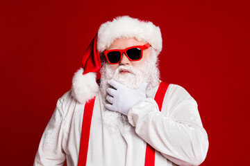 Close-up portrait of his he attractive confident naughty arrogant white-haired Santa father...