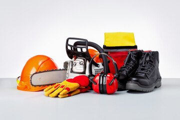 Chainsaw and protective clothes of lumberjack on grey surface.
