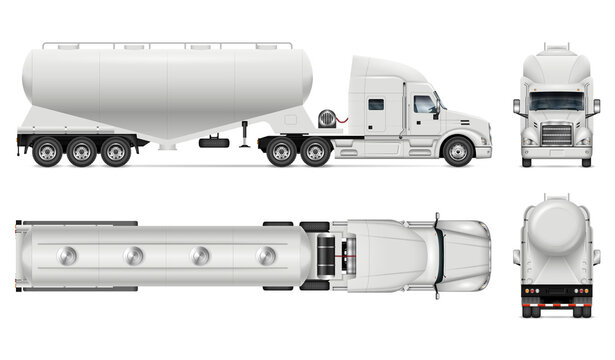 Dry bulk tanker trailer truck vector mockup on white for vehicle branding, corporate identity. View from side, front, back, top. All elements in groups on separate layers for easy editing and recolor