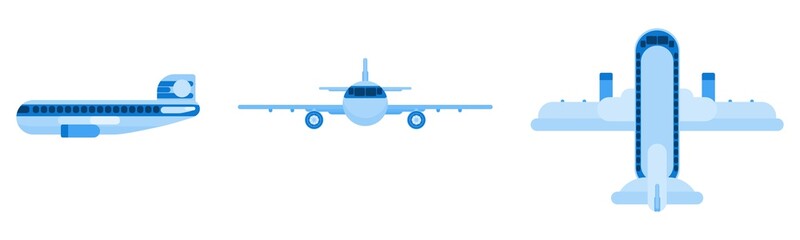 flat blue passenger plane. different angles. flat
