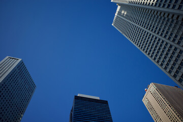 西新宿、副都心の高層ビル街と地下通路。高層ビル、青空、地下通路、緑の対比です。