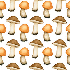 Seamless pattern with watercolor forest mushrooms. Orange cap boletus and porcini. Edible fungus, cooking ingredient. Hand drawn autumn background for wrapping paper, textile, package, scrapbooking