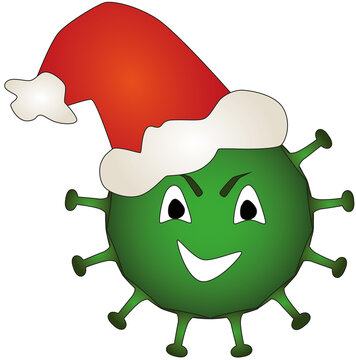 Corona Santa Claus Cartoon mit grünem Virus und roter Santa-Mütze, böse blickendes Covid-19 Virus im Pandemie Jahr 2021 zu Weihnachten illustration