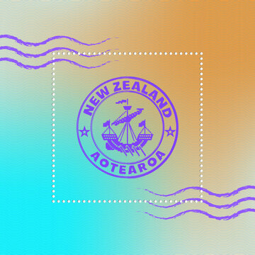 Abstract purple postage stamp with stylistic pixelated sailing ship on perforated paper with waves. Maori lettering means New Zealand