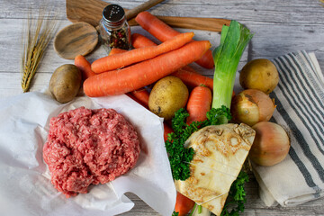 Ingredients for a vegetable soup with meat