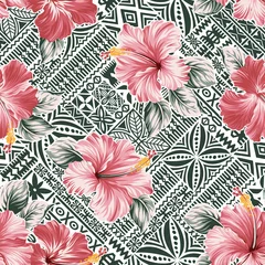 Möbelaufkleber Pink hibiscus flower with Hawaiian tribal motifs background abstract vector seamless pattern  © PrintingSociety