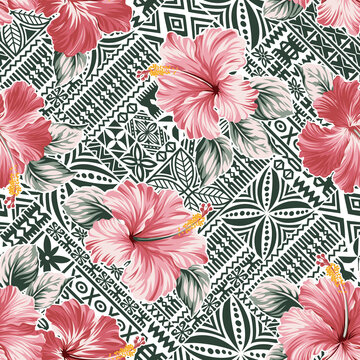 Pink hibiscus flower with Hawaiian tribal motifs background abstract vector seamless pattern 