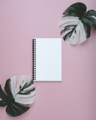 Blank spiral notebook and leaf monsters on pastel background. Flat lay of home office desk, Office concept.
