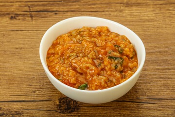 Traditional Georgian Kharcho soup with meat