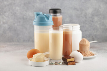 Protein sport shake, powder eggs and bar. Fitness food and drink. Diet