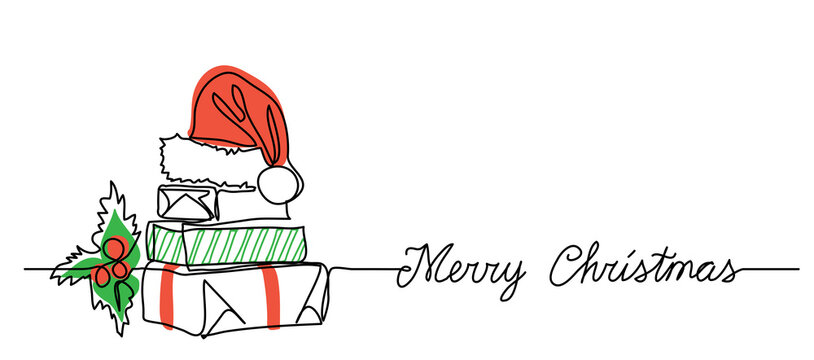 Xmas banner with gift box present package stack. One continuous line drawing with greeting text Merry Christmas. Simple illustration, background with gifts, holly berry and red santa hat.