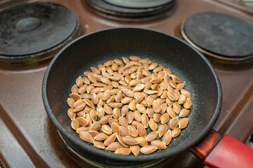 pan-fried pumpkin seeds. Pumpkin seeds fried with salt.