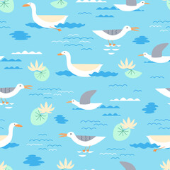 Seagulls, swans and water lilies flat vector seamless pattern. Sea flower marine background. Lotus plant texture with cartoon color icons. Cute river blue design wrapping paper, wallpaper design