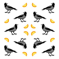 Seamless ornament pattern with gray crows and yellow-orange cheese