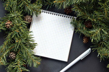 A paper notebook with a white pen lies on a black background surrounded by spruce branches with cones.