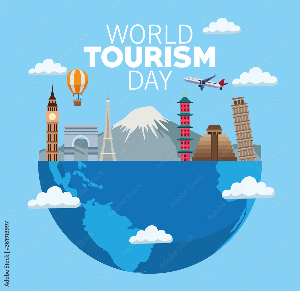 Poster world tourism day lettering celebration with earth planet half and monuments