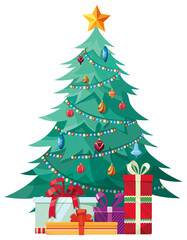Traditional Christmas tree. Decorated spruce in cartoon style.