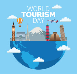 world tourism day lettering celebration with earth planet half and monuments