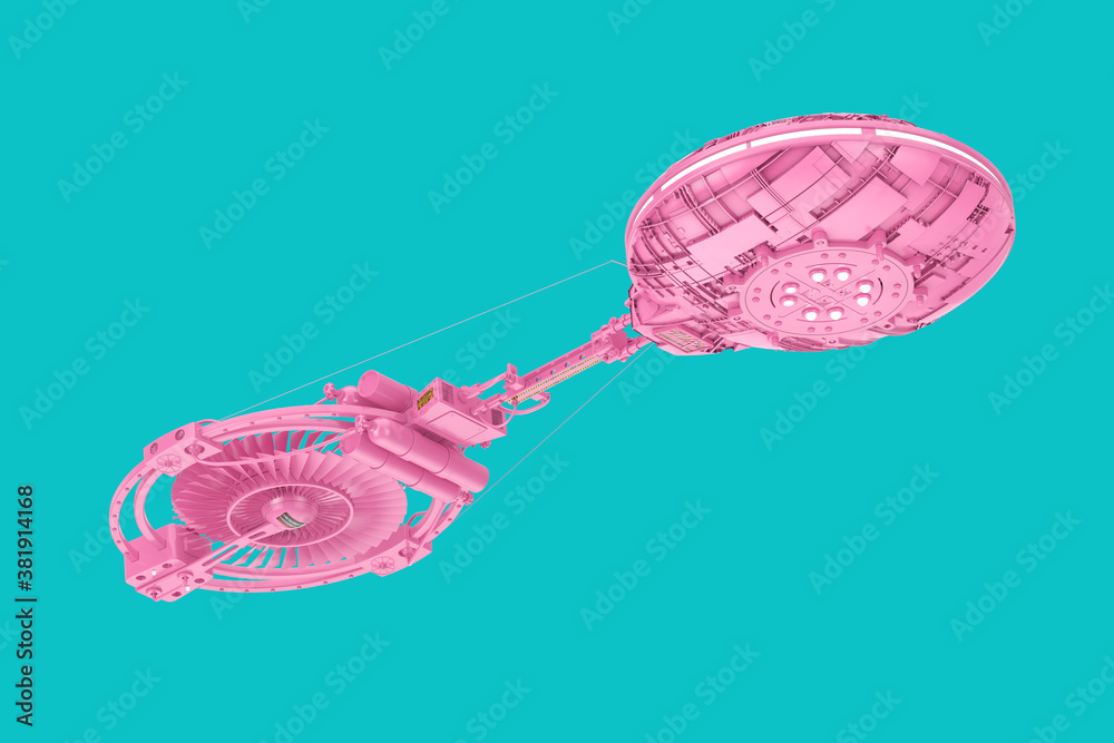 Aufkleber pink spaceship, space station or alien ufo spacecraft in duotone style. 3d rendering