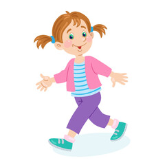 Cute little girl is walking. In cartoon style. Isolated on white background. Vector flat illustration.