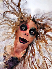 Halloween watercolor painting of a scary woman's face with creepy makeup and wild crazy hair.