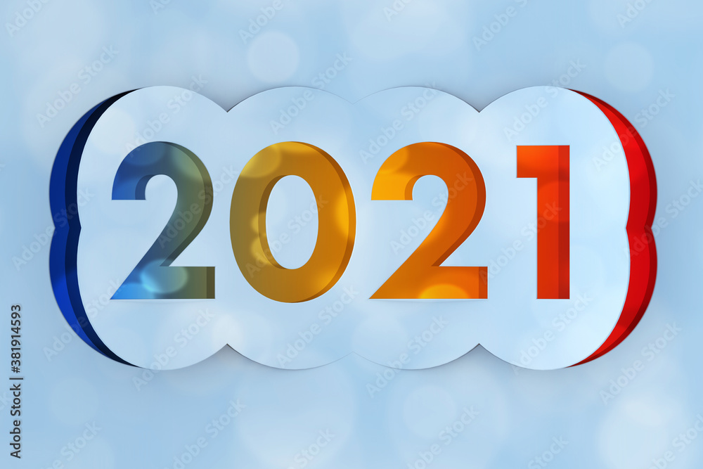 Poster 2021 happy new year sign cut from paper. 3d rendering