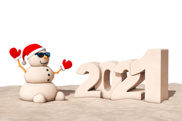 Sandy Christmas Snowman at Sunny Beach with 2021 New Year Sign. 3d Rendering