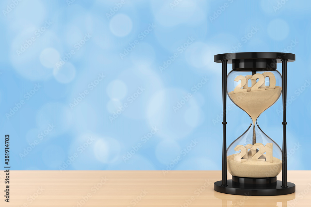 Aufkleber new 2021 year concept. sand falling in hourglass taking the shape from 2020 to 2021 year. 3d renderi