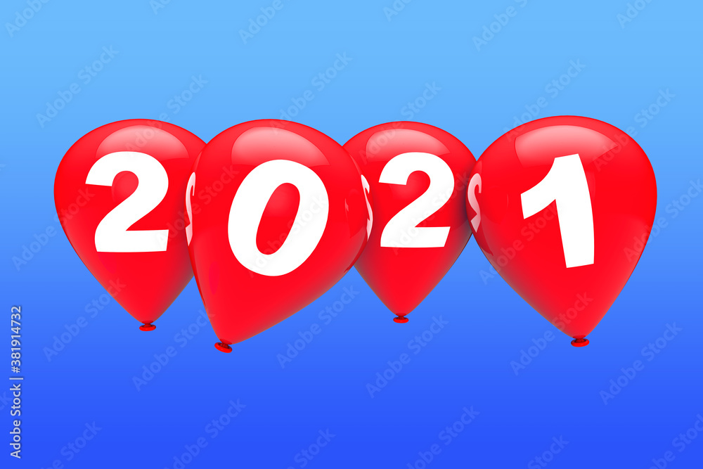 Aufkleber new year concept. red christmas balloons with 2021 sign. 3d rendering