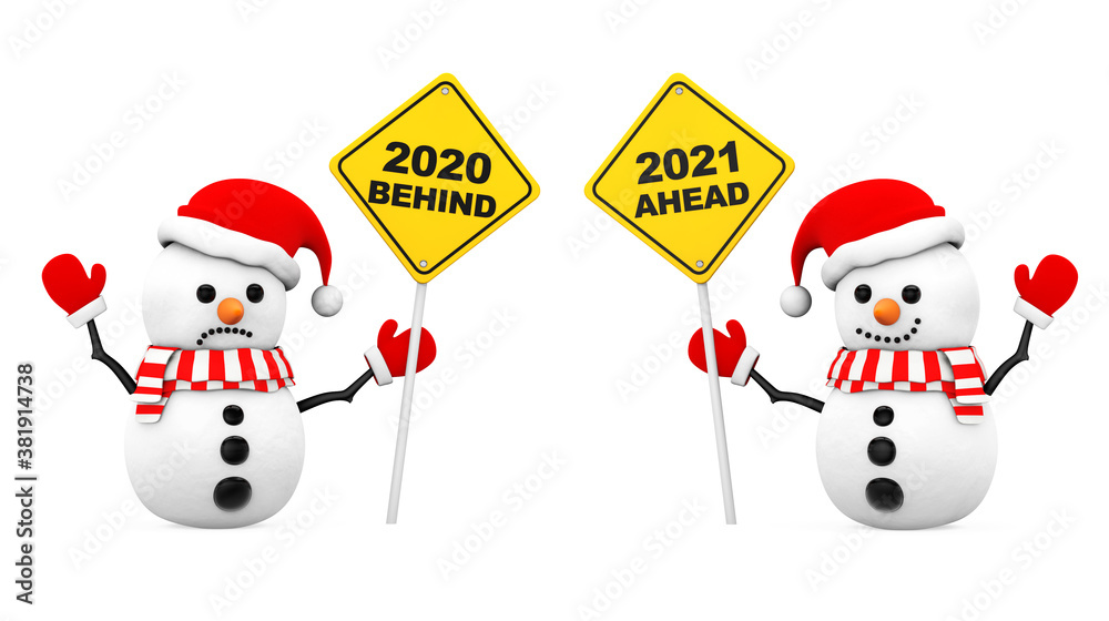 Aufkleber Snowmans with 2021 and 2020 Year Signs. 3d Rendering