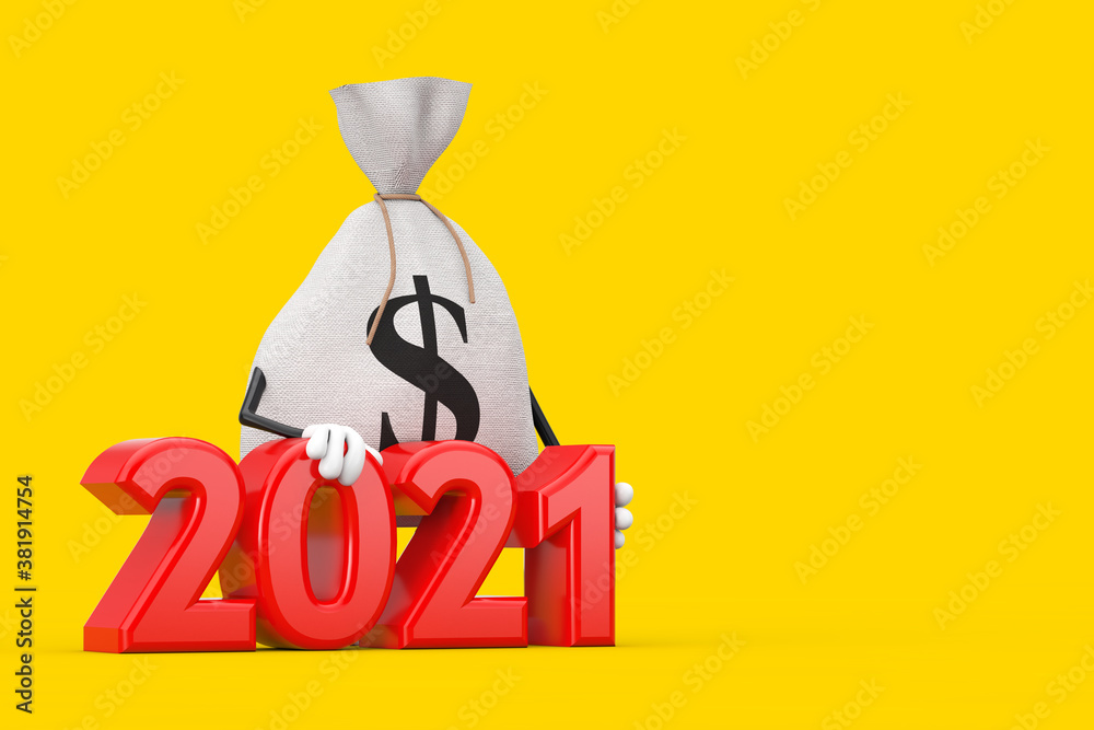 Aufkleber tied rustic canvas linen money sack or money bag and dollar sign character mascot with red new year 