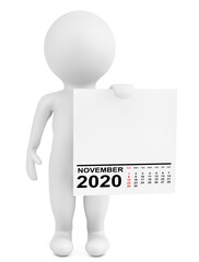 Character Holding Calendar November 2020 Year. 3d Rendering