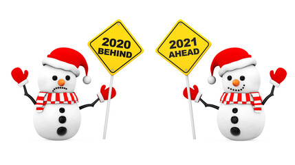 Snowmans with 2021 and 2020 Year Signs. 3d Rendering
