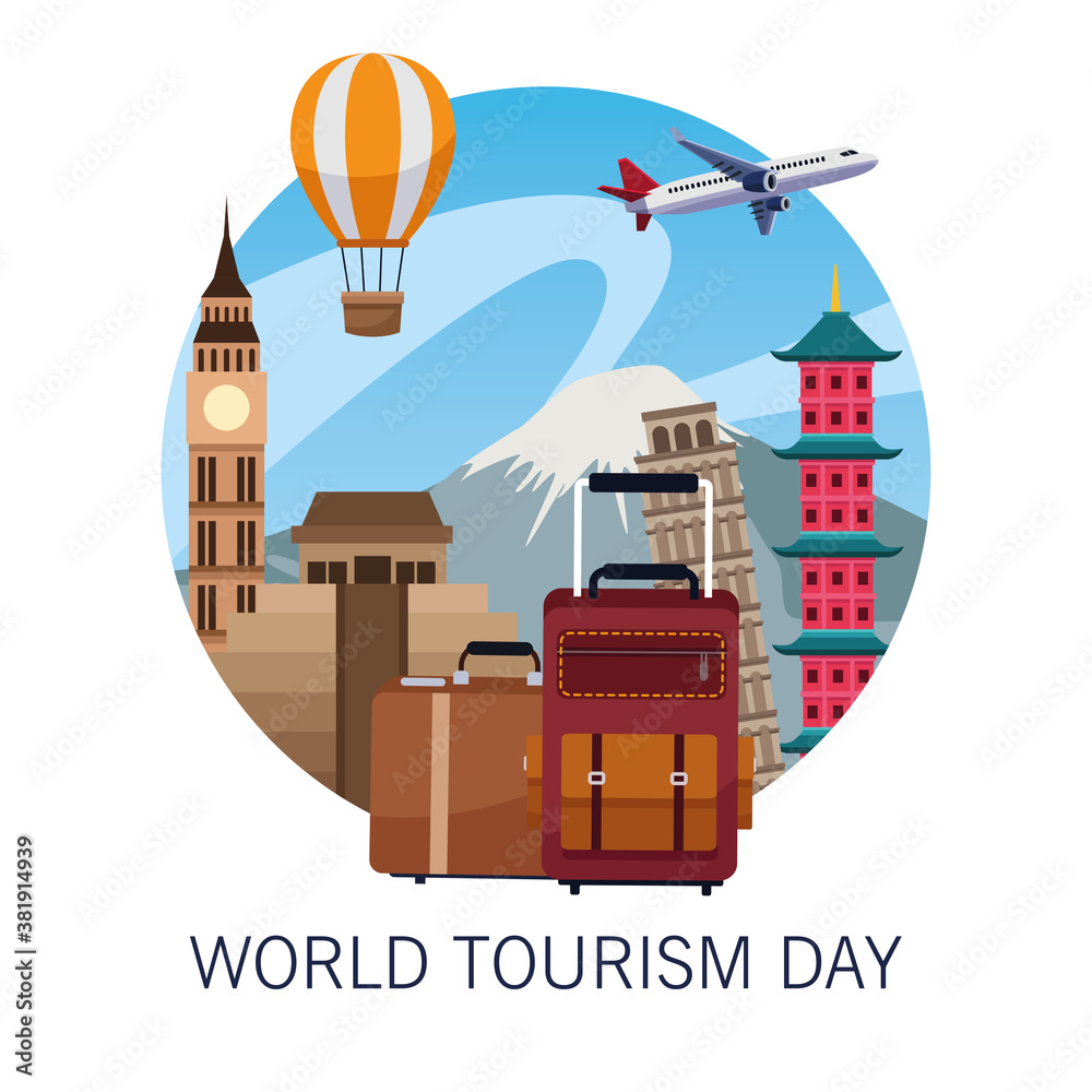 Sticker world tourism day lettering celebration with balloons air hot and monuments