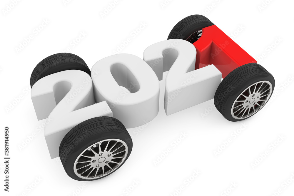 Poster 2021 year concept with car wheels. 3d rendering