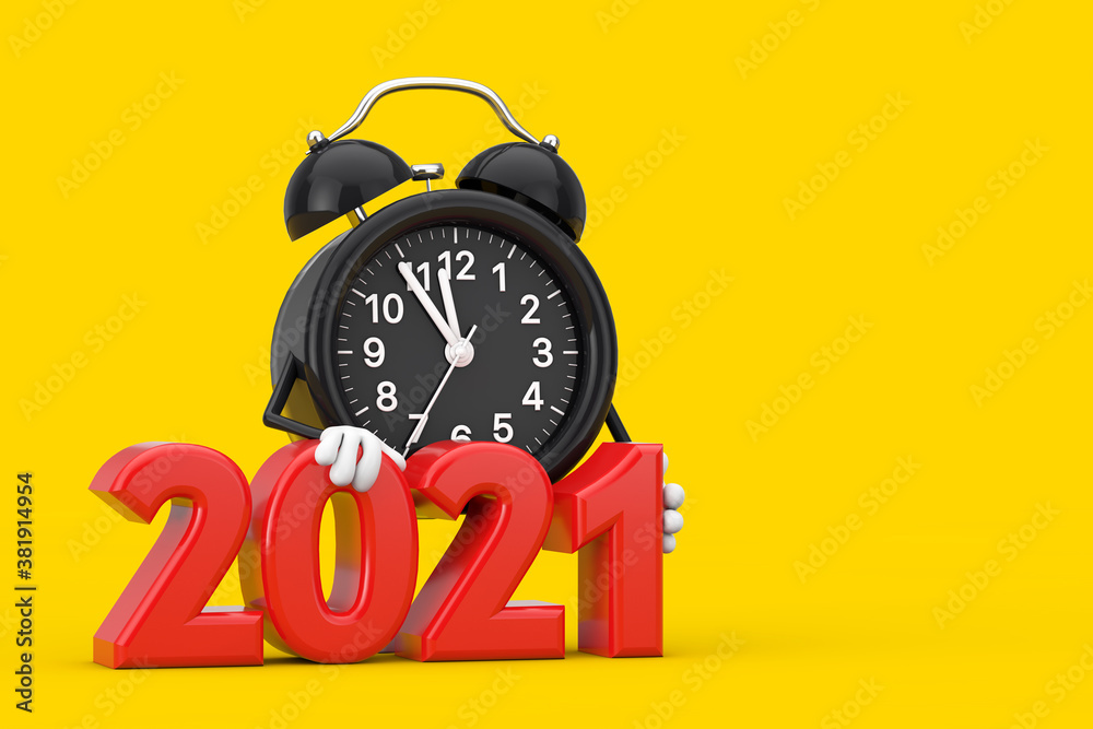 Leinwandbilder alarm clock character mascot with red new year 2021 sign. 3d rendering