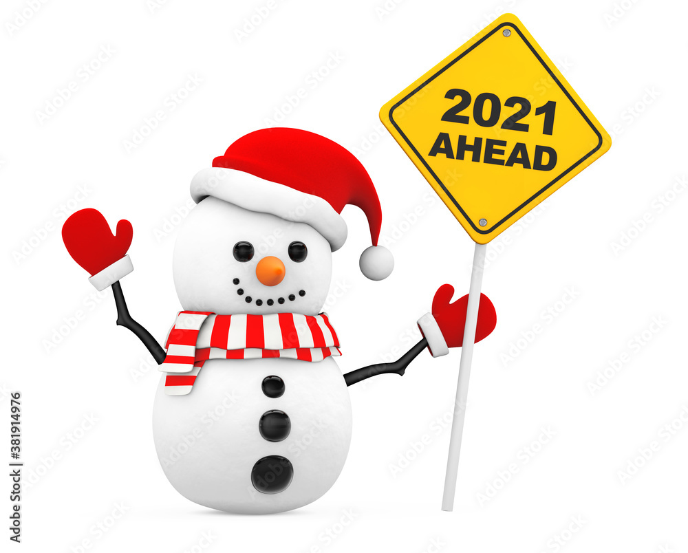 Aufkleber snowman with 2021 new year ahead sign. 3d rendering