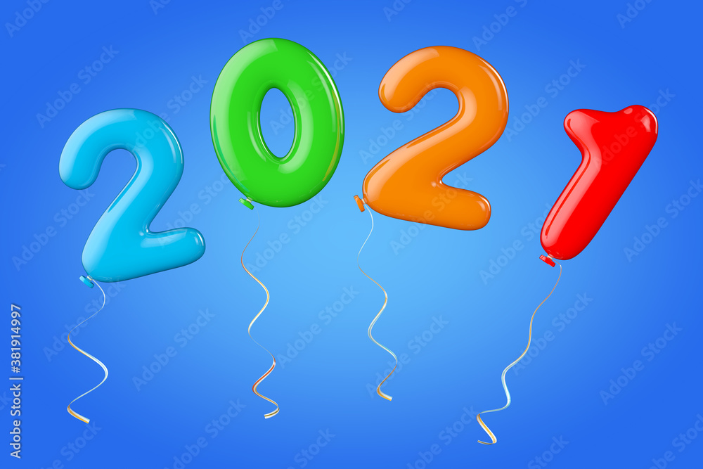 Aufkleber multicolour balloons as 2021 new year sign. 3d rendering