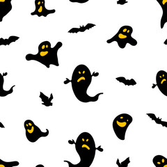 Seamless pattern with ghosts and flying bats on white background. Halloween design with holiday symbols silhouettes.