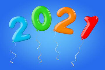 Multicolour Balloons as 2021 New Year Sign. 3d Rendering