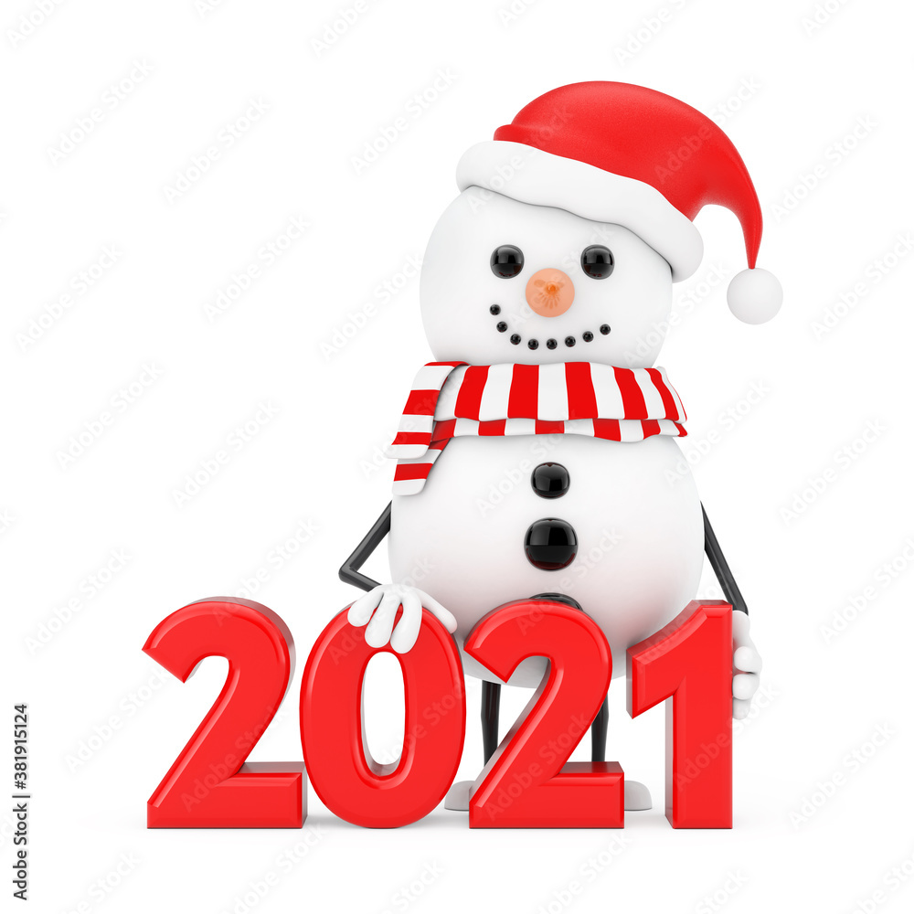 Aufkleber snowman in santa claus hat character mascot with new year 2021 sign. 3d rendering