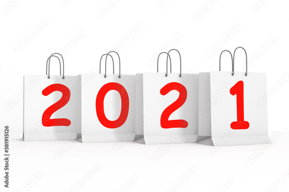 Poster shopping bags with 2021 new year sign. 3d rendering
