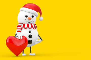 Snowman in Santa Claus Hat Character Mascot with Red Heart. 3d Rendering